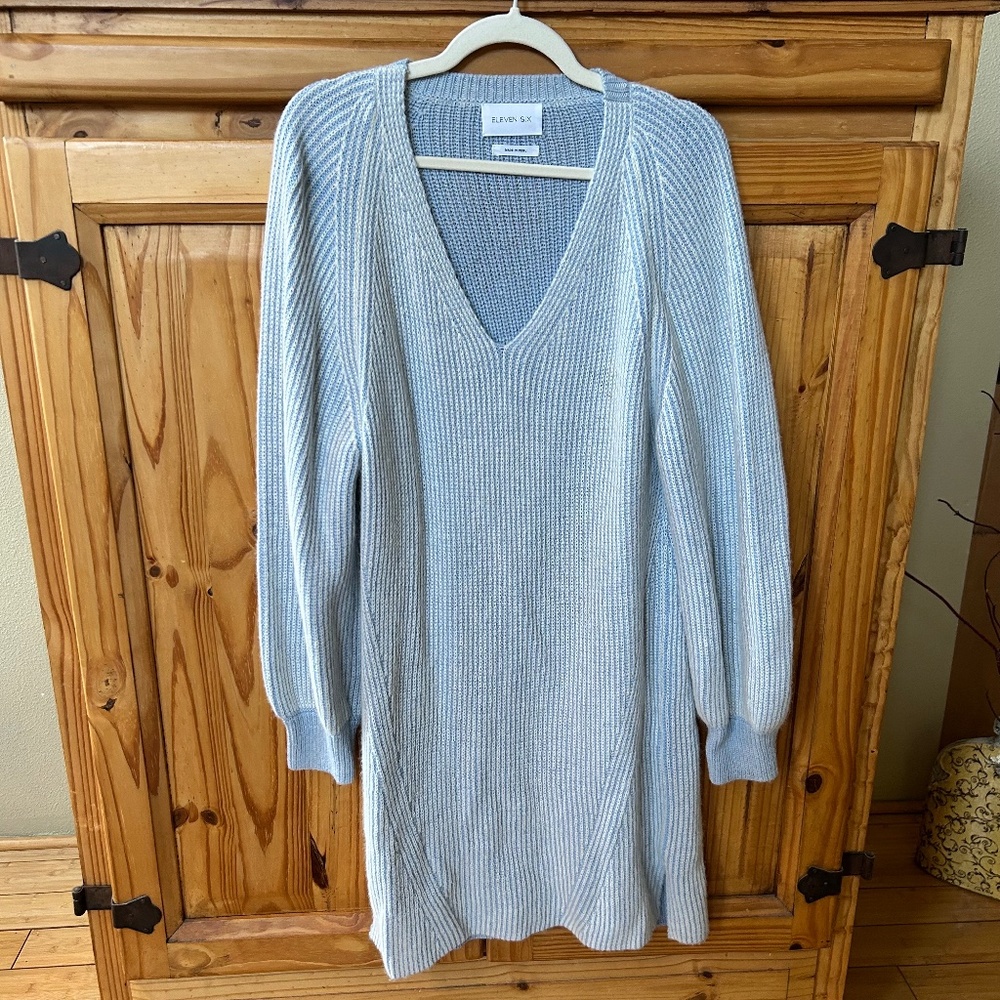 Eleven Six‎ Mallory Sweater Dress Ribbed Knit V Neck Baby Alpaca/Merino Wool S